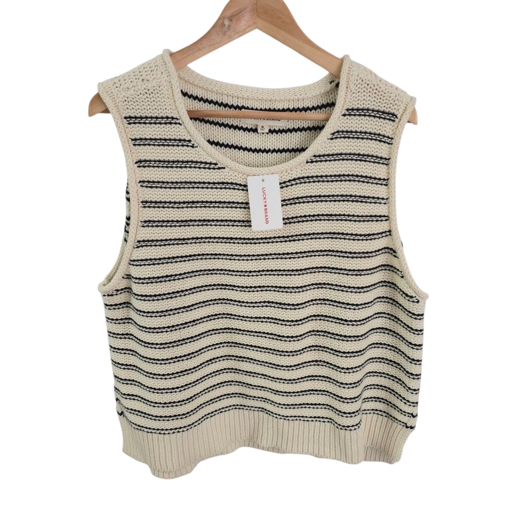 NWT Lucky Brand Women's Sweater Vest Cotton Blend Cream Black Stripe Size XL